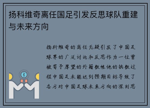 扬科维奇离任国足引发反思球队重建与未来方向
