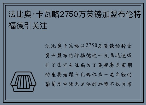 法比奥·卡瓦略2750万英镑加盟布伦特福德引关注