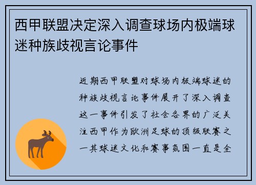 西甲联盟决定深入调查球场内极端球迷种族歧视言论事件