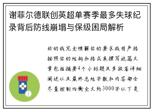 谢菲尔德联创英超单赛季最多失球纪录背后防线崩塌与保级困局解析
